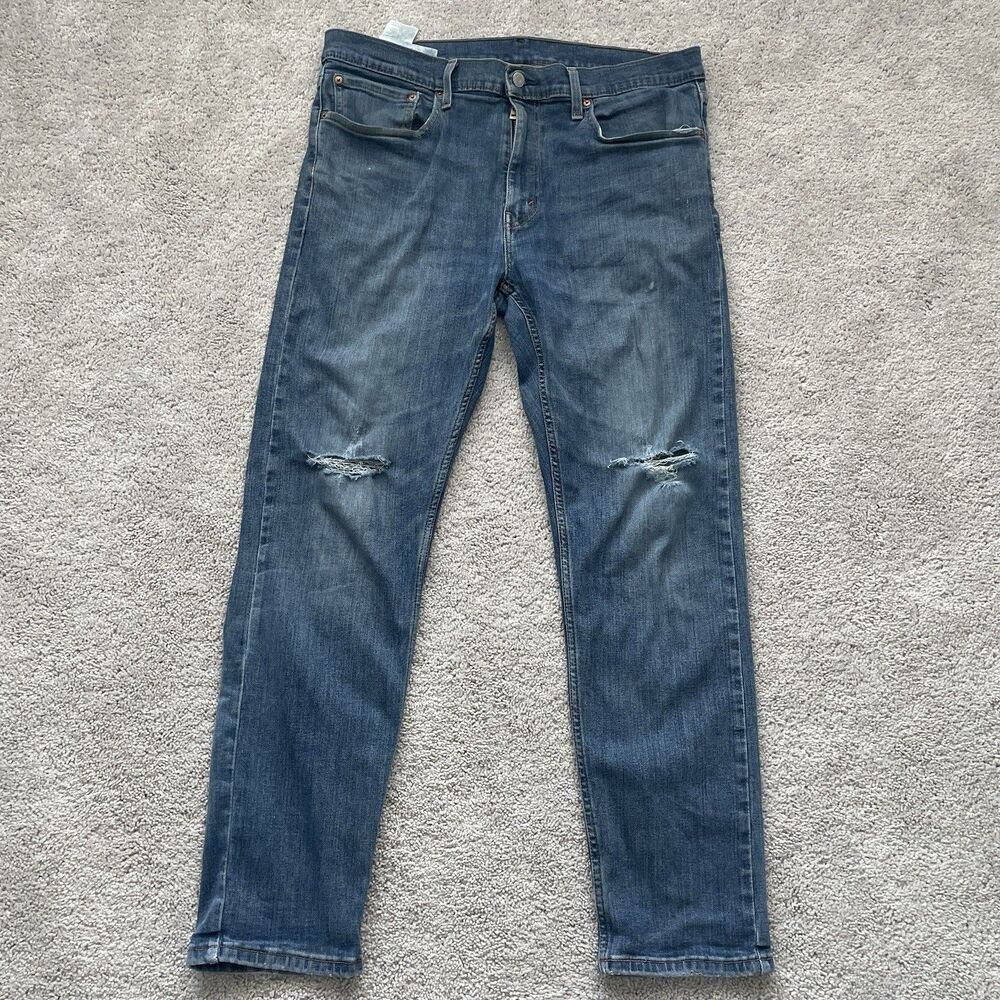 Levi's 502 Regular Taper Jeans Mens 36x32(36x30) Blue Mid Wash Denim Knee Rips